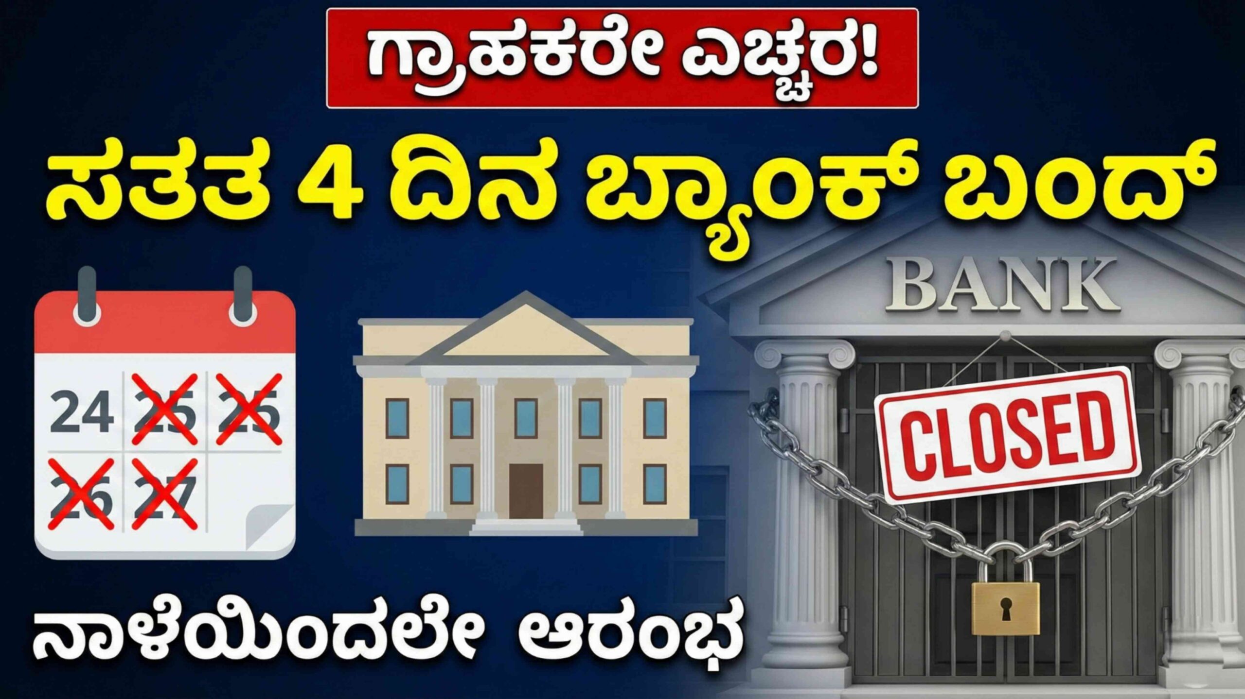 ಸತತ 4 ದಿನ ಬ್ಯಾಂಕ್ ರಜೆ, ಜ.24 ರಿಂದ ಜ.27 ರವರೆಗೆ ಬ್ಯಾಂಕ್ ಸೇವೆ ಬಂದ್ ! ಯಾವ ದಿನ ರಜೆ? ನೌಕರರ ಮುಷ್ಕರ