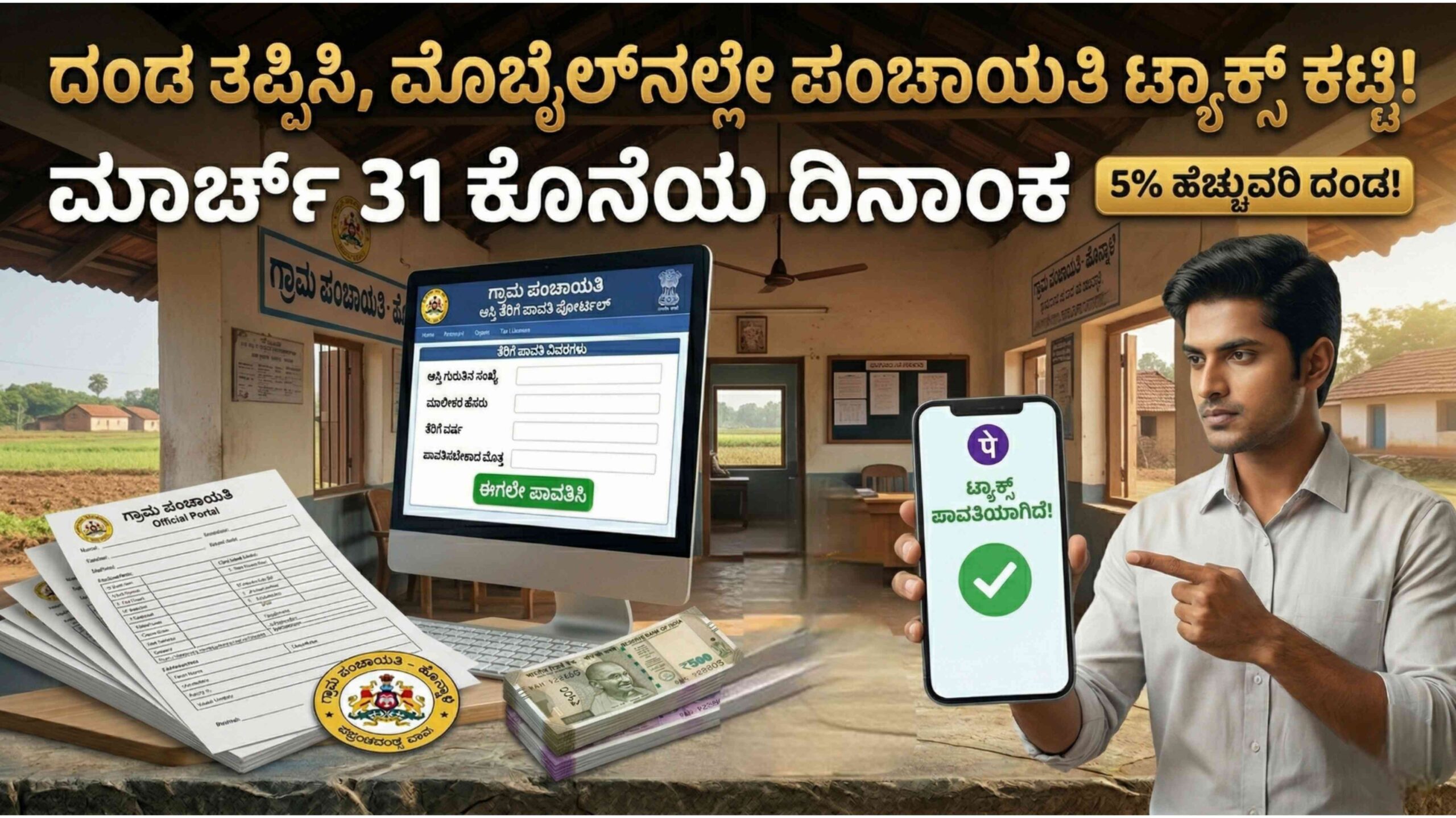 ಮಾರ್ಚ್ 31ರೊಳಗೆ ಪಂಚಾಯತಿ ಟ್ಯಾಕ್ಸ್ ಕಟ್ಟದಿದ್ದರೆ ಬೀಳಲಿದೆ ಶೇ.5% ದಂಡ! ಮೊಬೈಲ್ನಲ್ಲೇ ಪಾವತಿಸಲು ಇಲ್ಲಿದೆ ಸುಲಭ ವಿಧಾನ!